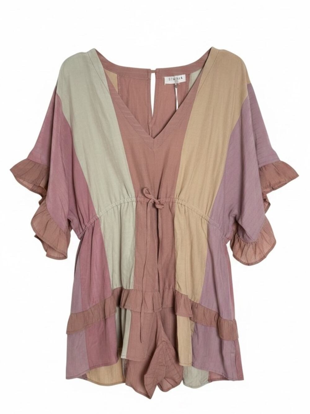 Storia Colorblock Ruffle Sleeve Romper in Mauve, Tan & Sage